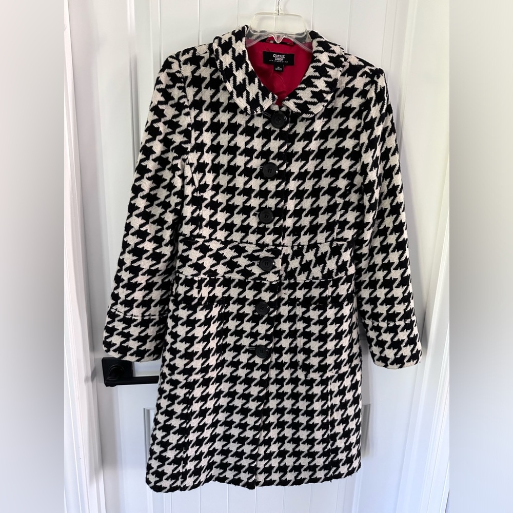 Houndstooth long wool blend jacket Sz M